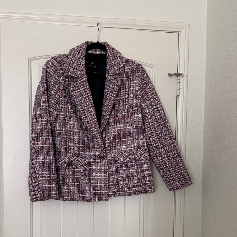 Bagatelle Collection Pink Plaid Tweed Blazer Jacket